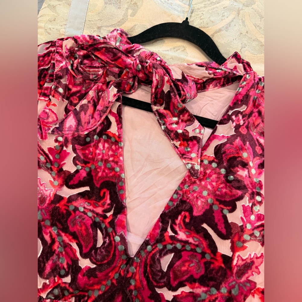 Free People All The Time Pink and Red Paisley Baroque Velvet Babydoll Mini Dress - Picture 3 of 7